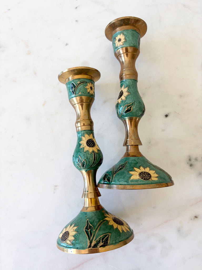 Vintage Brass Enameled Sunflower Candlestick Holders Set of 2