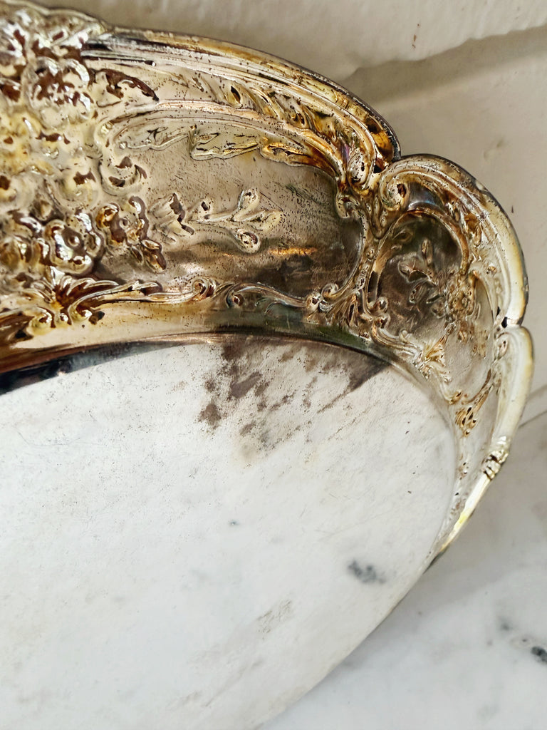 Scalloped Silver Ornate Round Mirror Tray