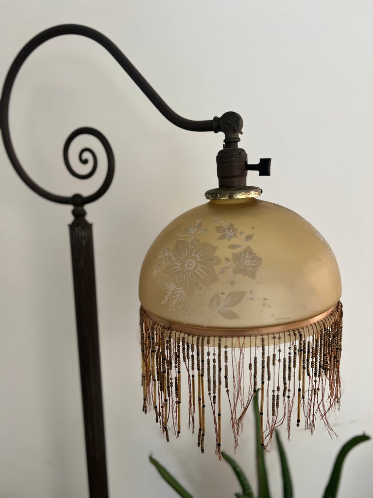 Antique Victorian Beaded Fringe Brass Floor Lamp