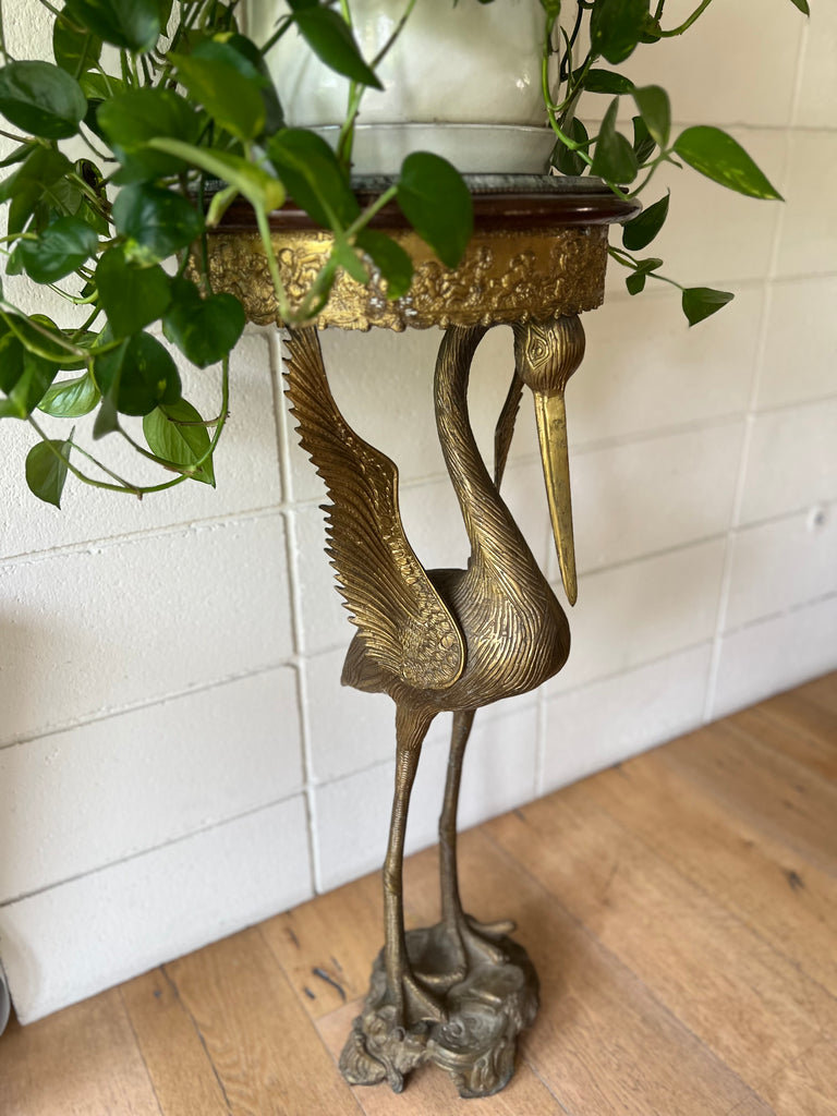 Vintage Bronze & Marble Crane Bird Pedestal Table