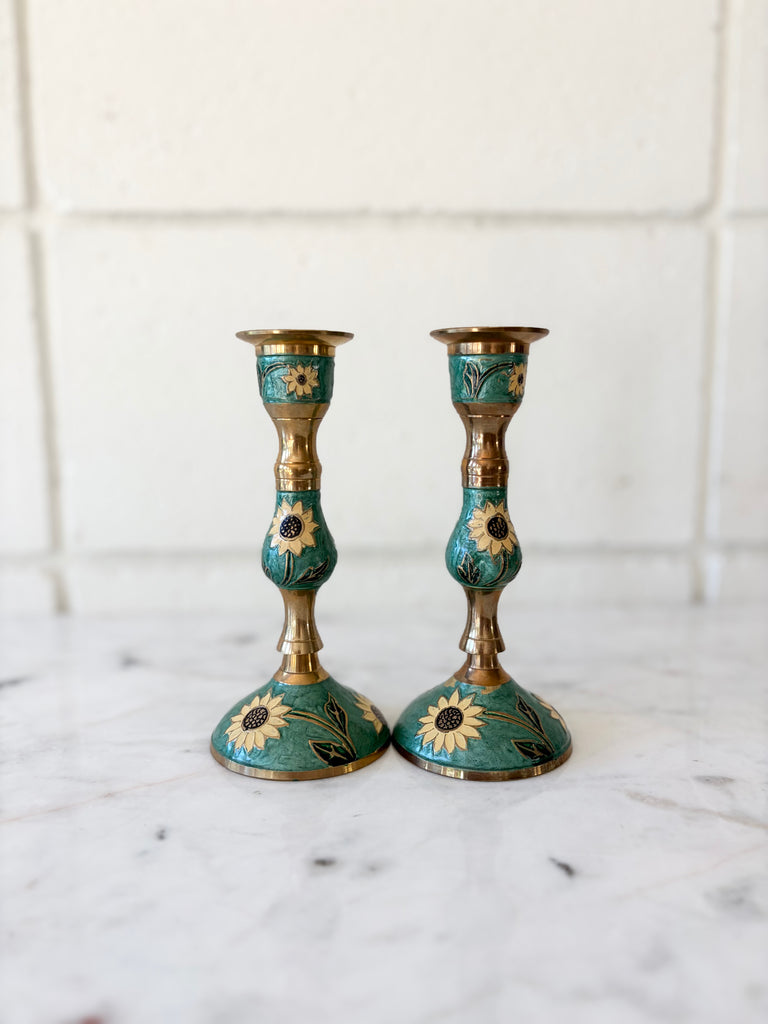 Vintage Brass Enameled Sunflower Candlestick Holders Set of 2