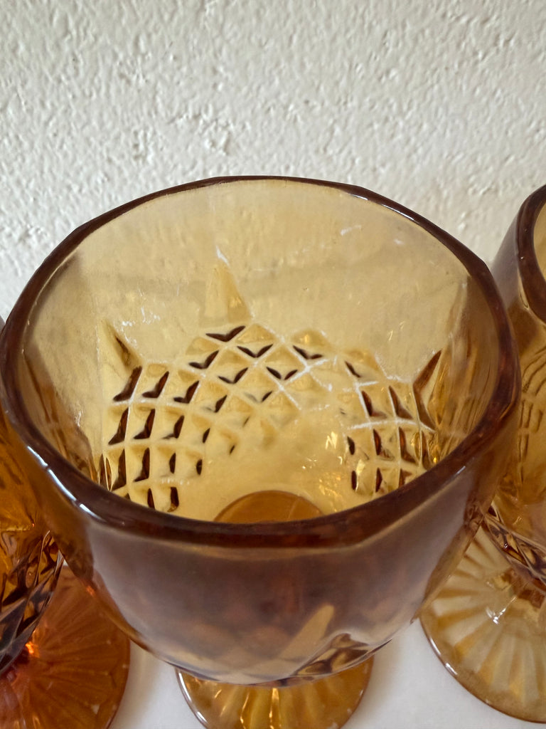 Vintage Diamond Point Goblet Glassware Set Amber
