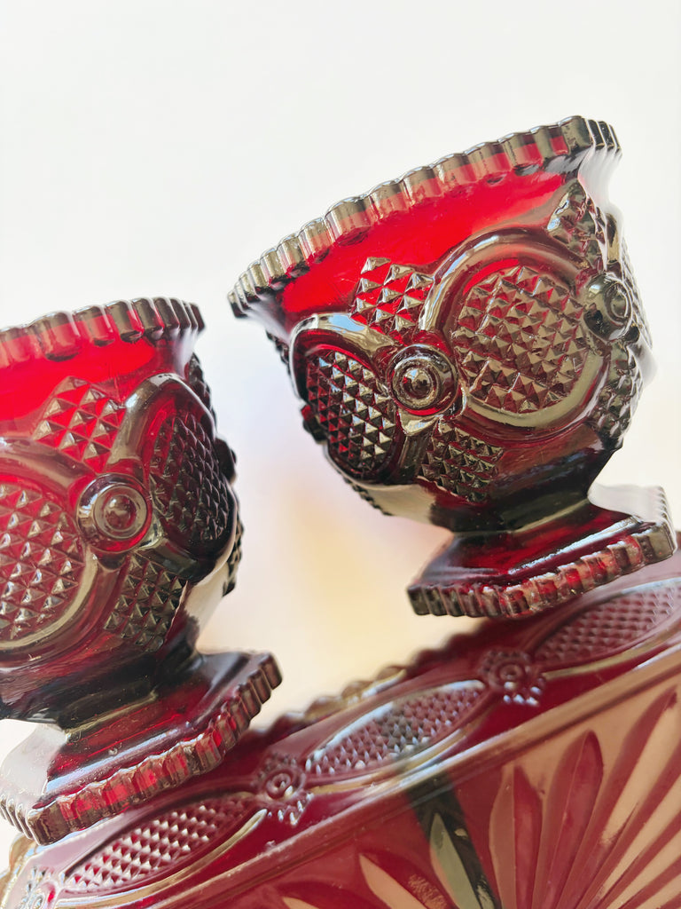 Vintage Avon Ruby Red Footed Tumblers and Tray Glassware Set