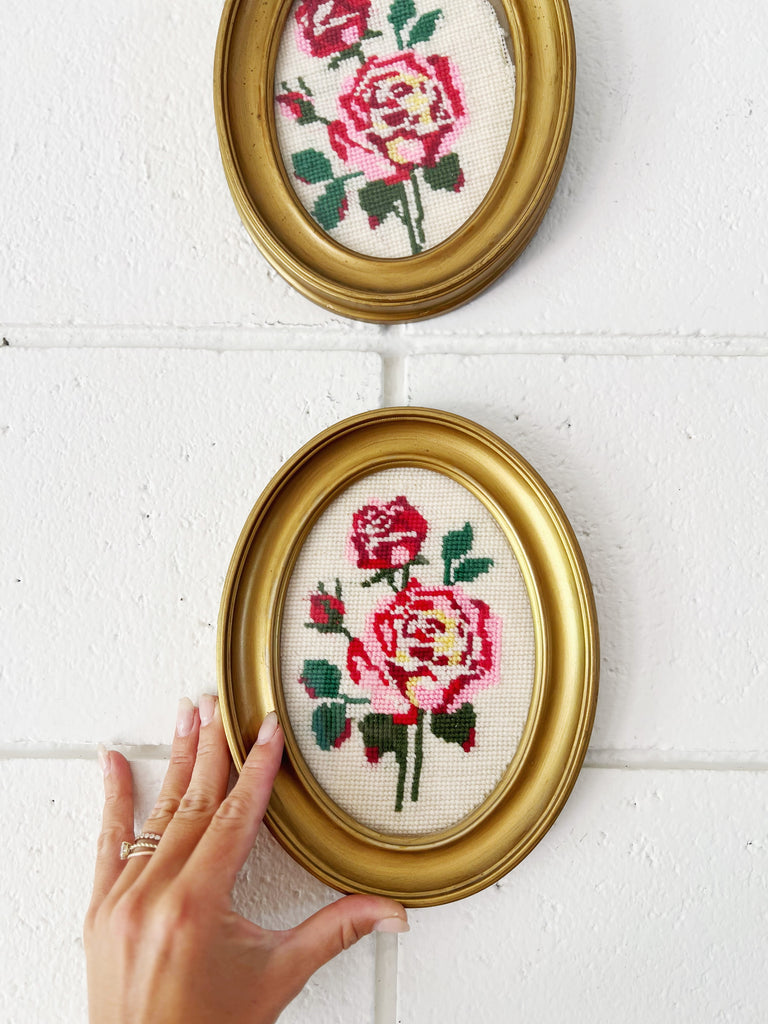 Framed Petite Needlepoint Floral Fabric Art Set