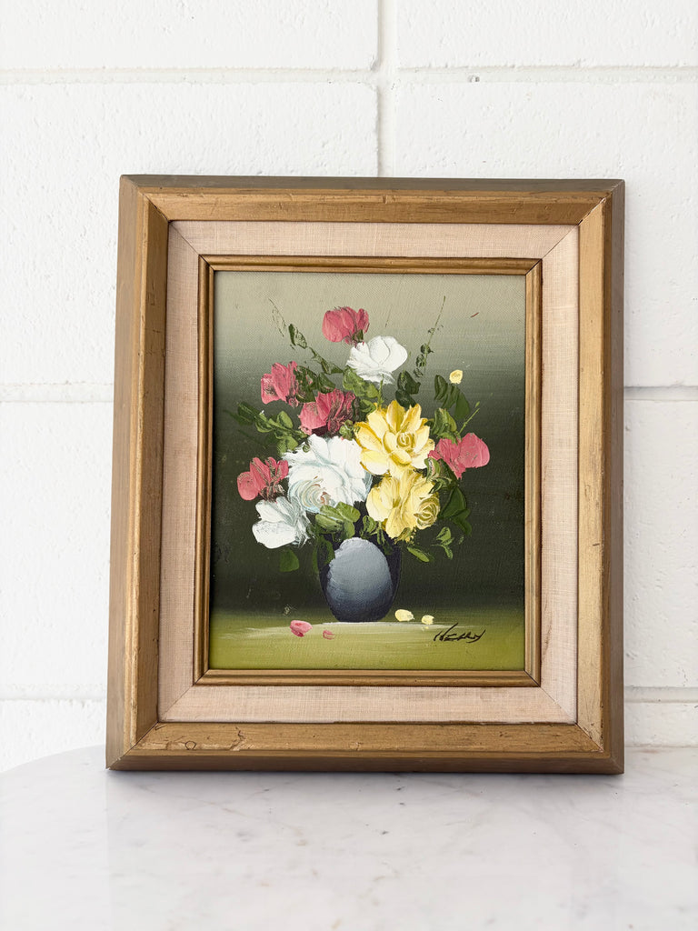 Framed Vintage Signed Original Oil on Wood Floral Still Life Painting