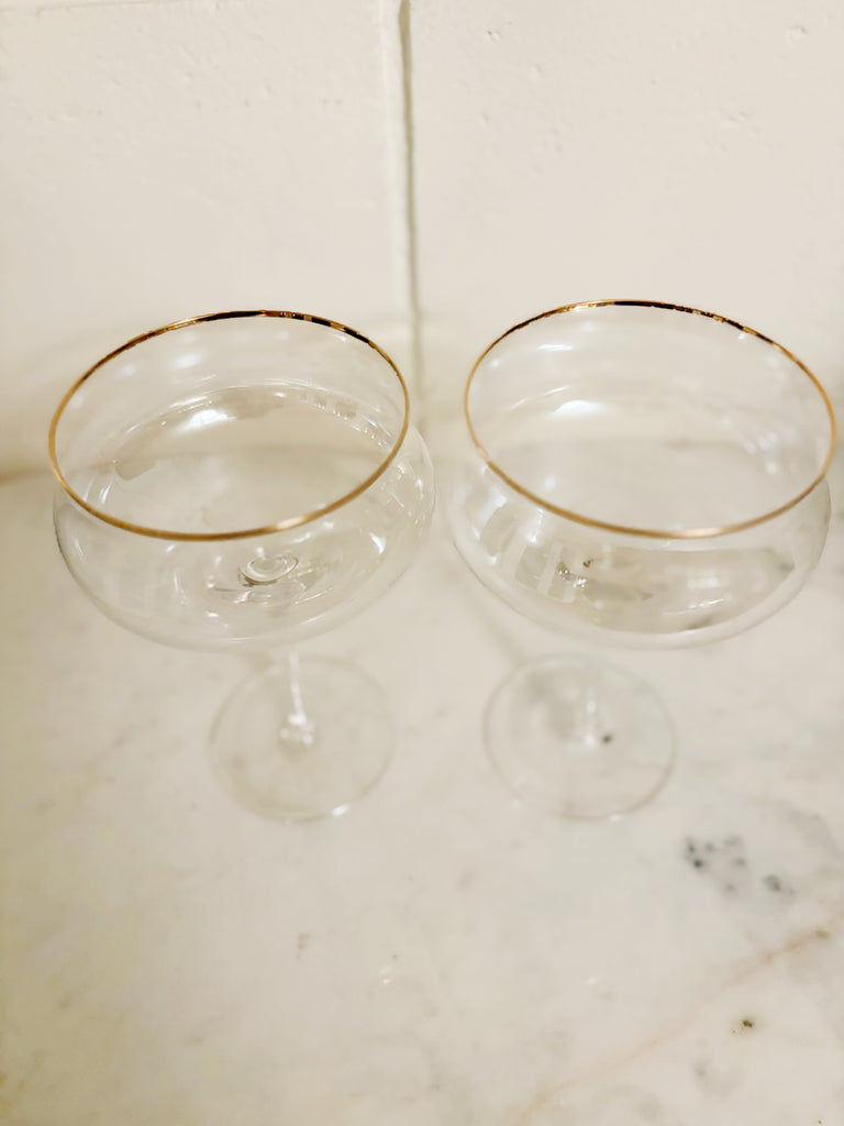 Vintage Inspired Fluted Coupe Gold Rim Glassware Set of 2