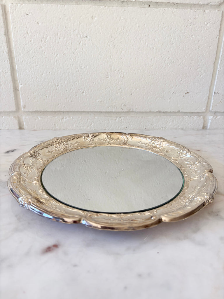 Scalloped Silver Ornate Round Mirror Tray