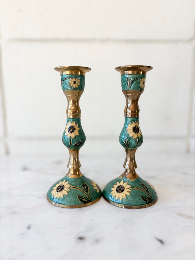 Vintage Brass Enameled Sunflower Candlestick Holders Set of 2