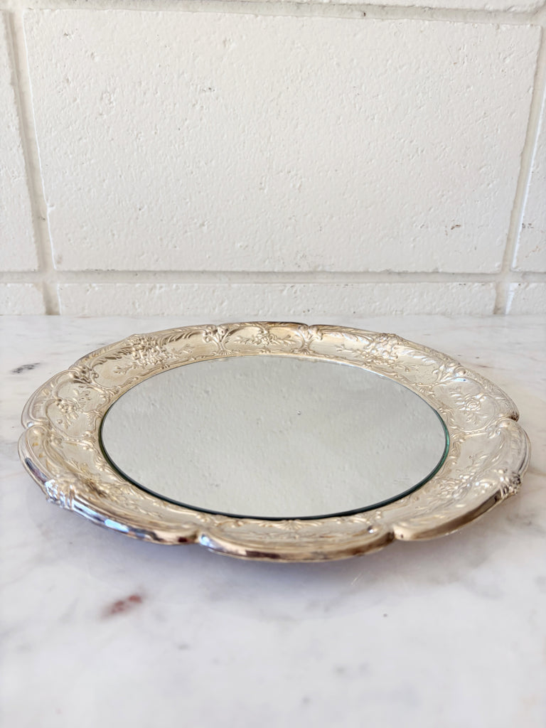 Scalloped Silver Ornate Round Mirror Tray
