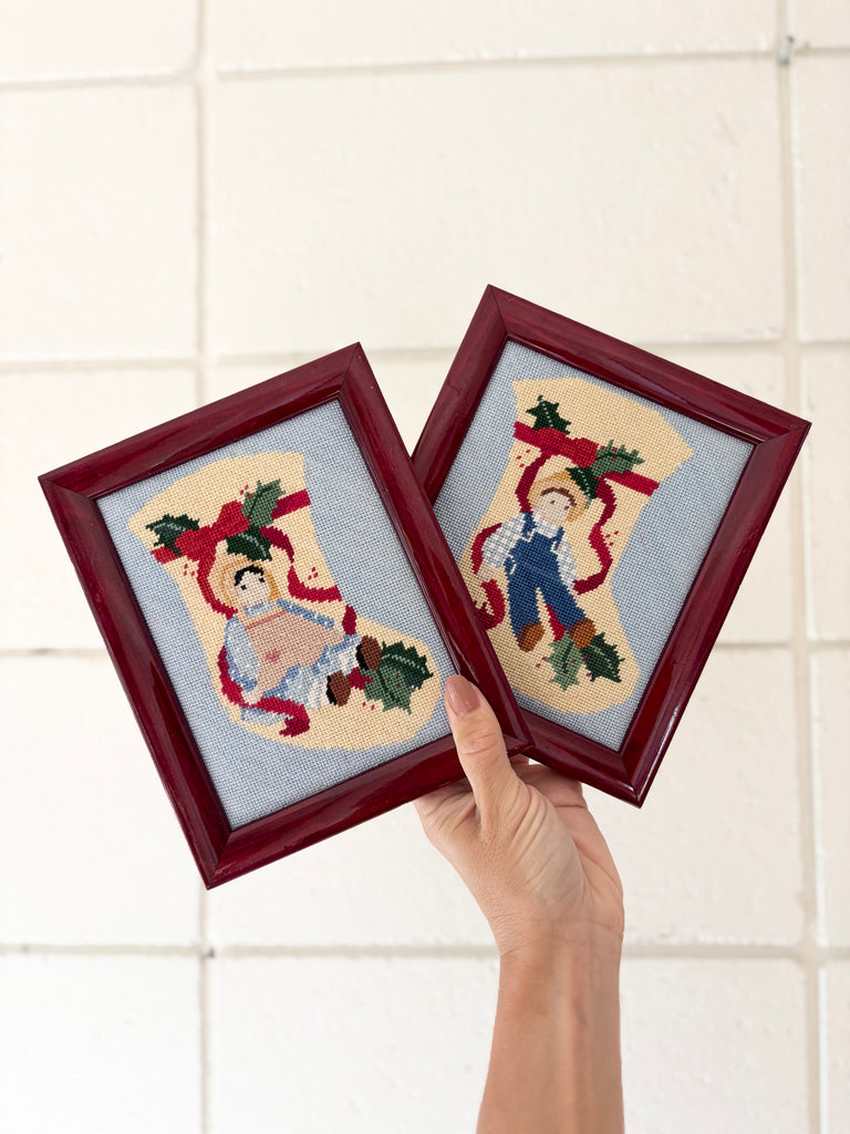 Framed Vintage Holiday Amish Doll Stocking Needlepoint Art Set