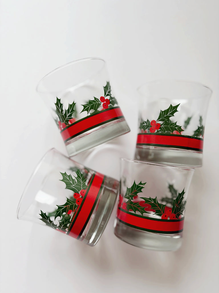 Vintage Libbey Holly and Berries Lowball Glassware Set of 4