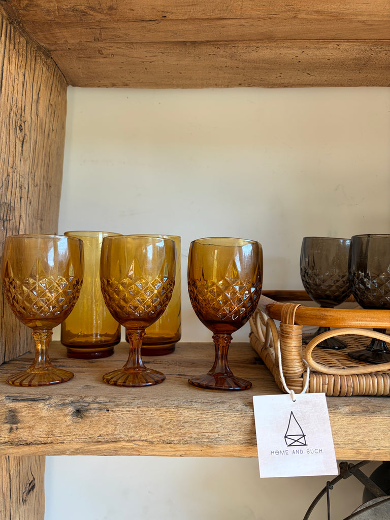 Vintage Diamond Point Goblet Glassware Set Amber