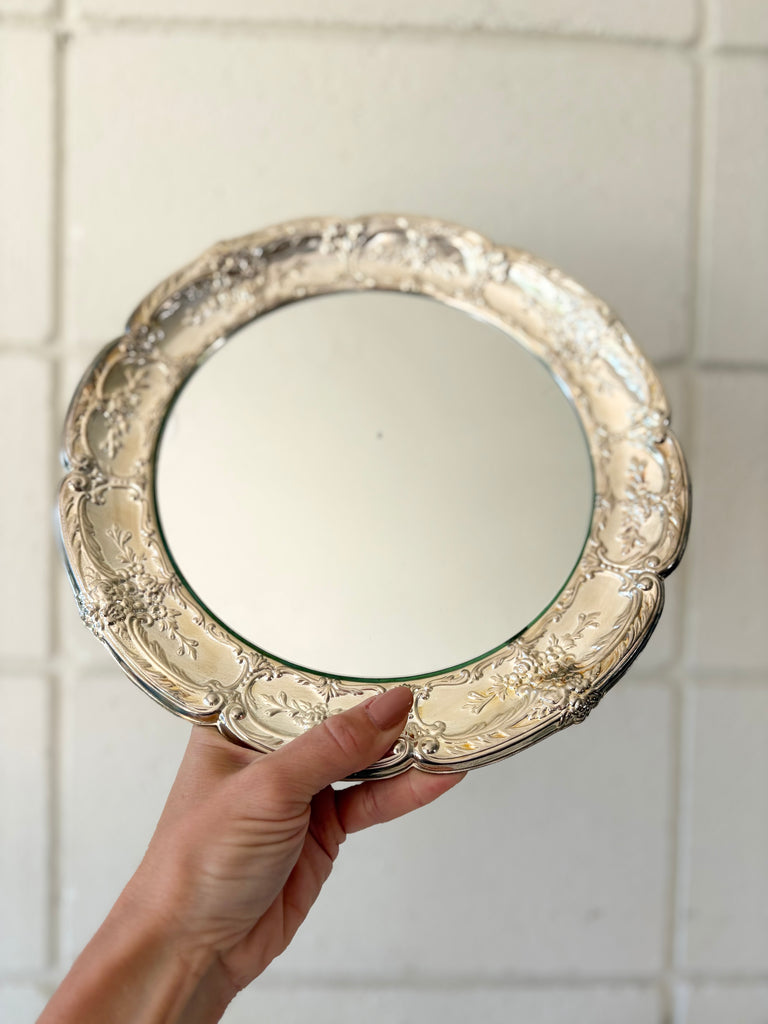Scalloped Silver Ornate Round Mirror Tray