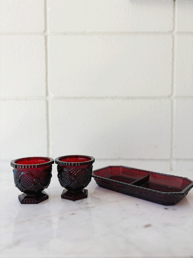 Vintage Avon Ruby Red Footed Tumblers and Tray Glassware Set