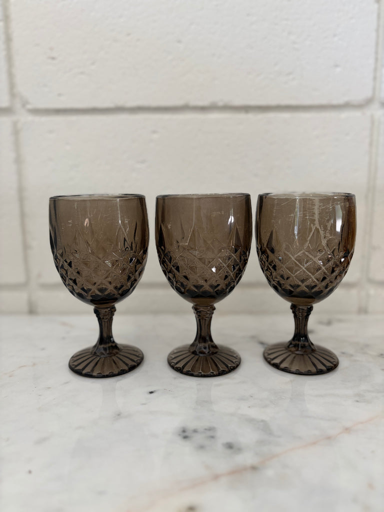 Vintage Diamond Point Goblet Glassware Set Smoke
