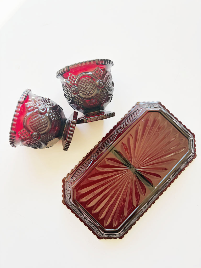 Vintage Avon Ruby Red Footed Tumblers and Tray Glassware Set