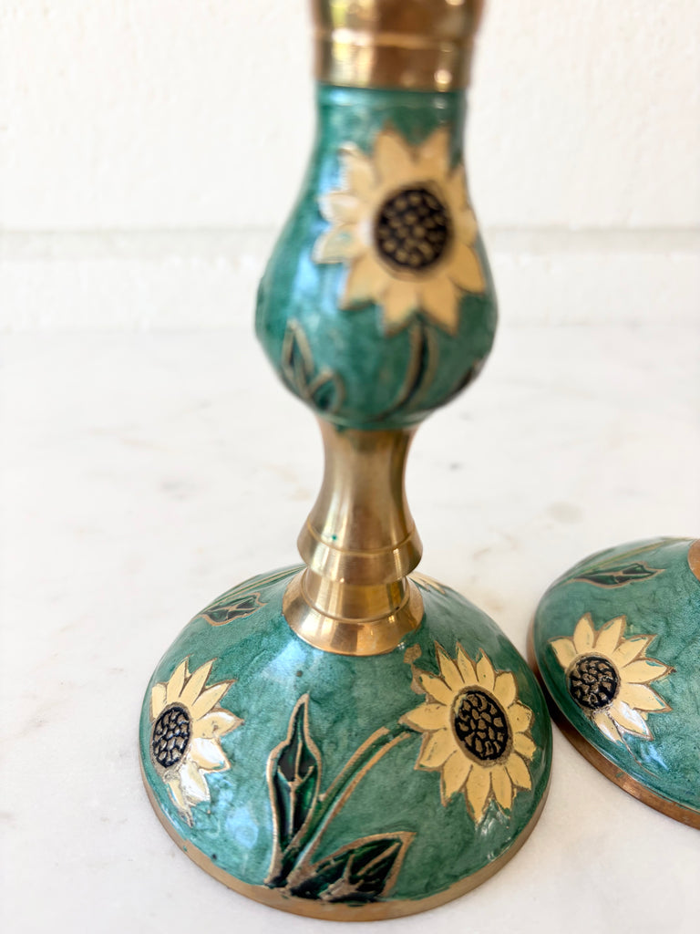 Vintage Brass Enameled Sunflower Candlestick Holders Set of 2