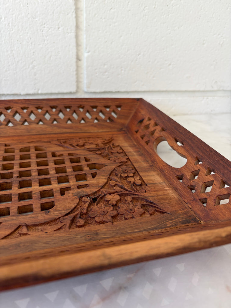 Hand Carved Wooden Cutwork Serving Tray