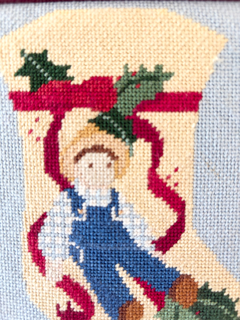 Framed Vintage Holiday Amish Doll Stocking Needlepoint Art Set