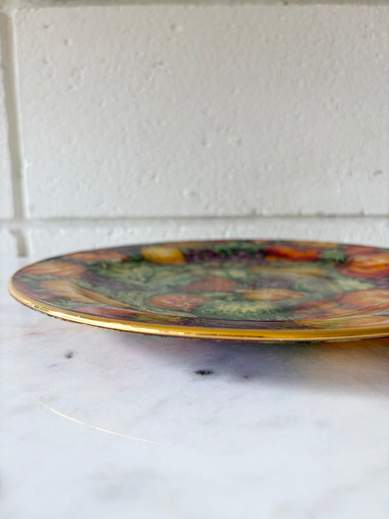 Vintage Gold Rimmed Autumn Harvest Thanksgiving Reverse Decoupage Plate