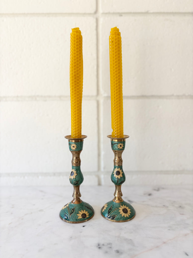 Vintage Brass Enameled Sunflower Candlestick Holders Set of 2