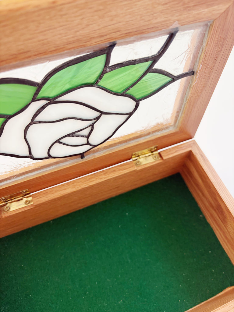 Stained Glass White Rose Handcrafted Jewelry Box