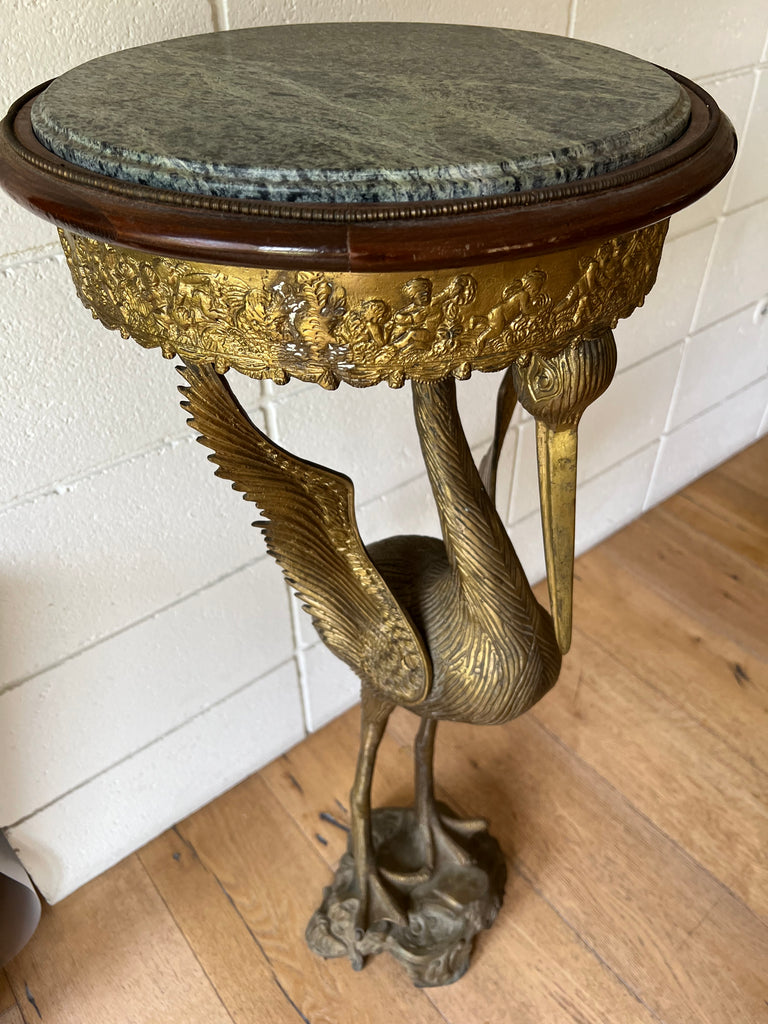 Vintage Bronze & Marble Crane Bird Pedestal Table