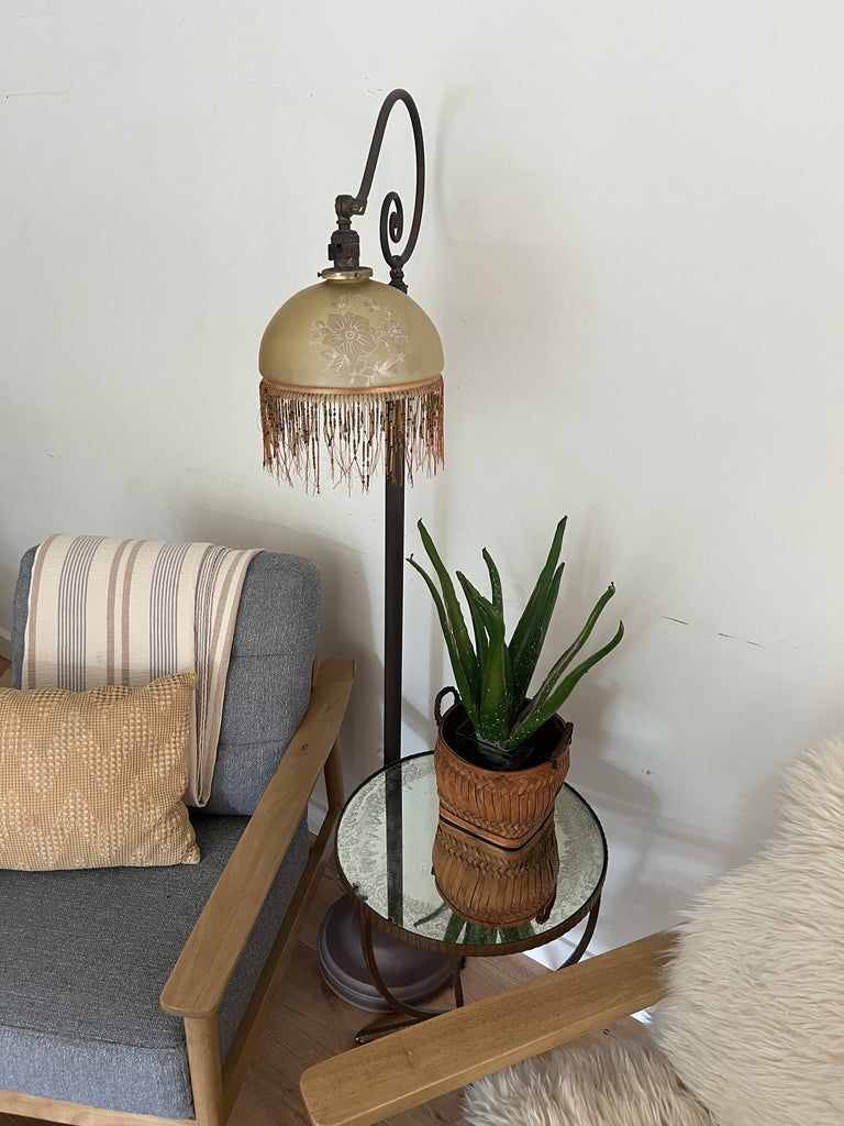 Antique Victorian Beaded Fringe Brass Floor Lamp