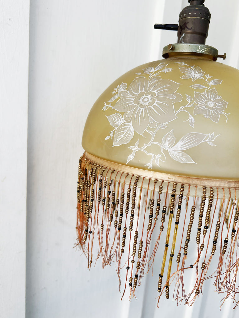 Antique Victorian Beaded Fringe Brass Floor Lamp