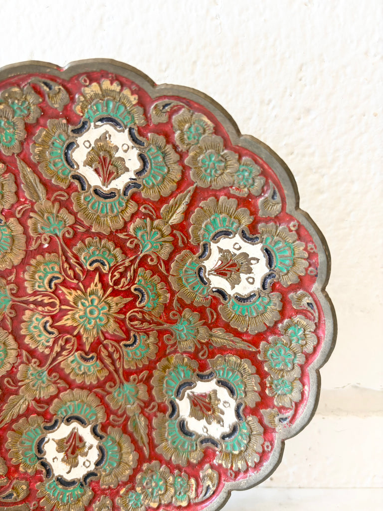 Vintage Etched Brass Pedestal Bowl with Scalloped Edge