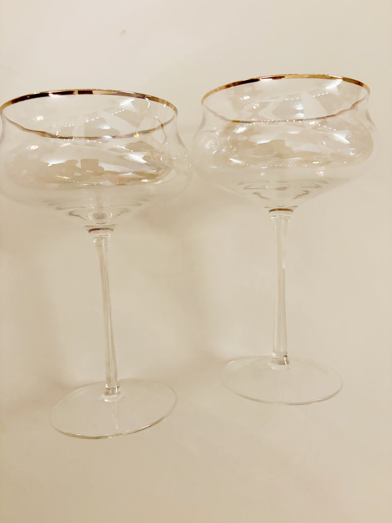 Vintage Inspired Fluted Coupe Gold Rim Glassware Set of 2