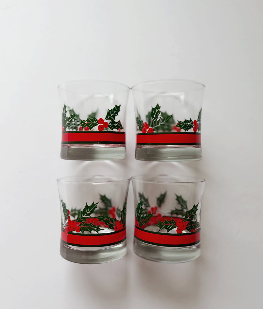 Vintage Libbey Holly and Berries Lowball Glassware Set of 4