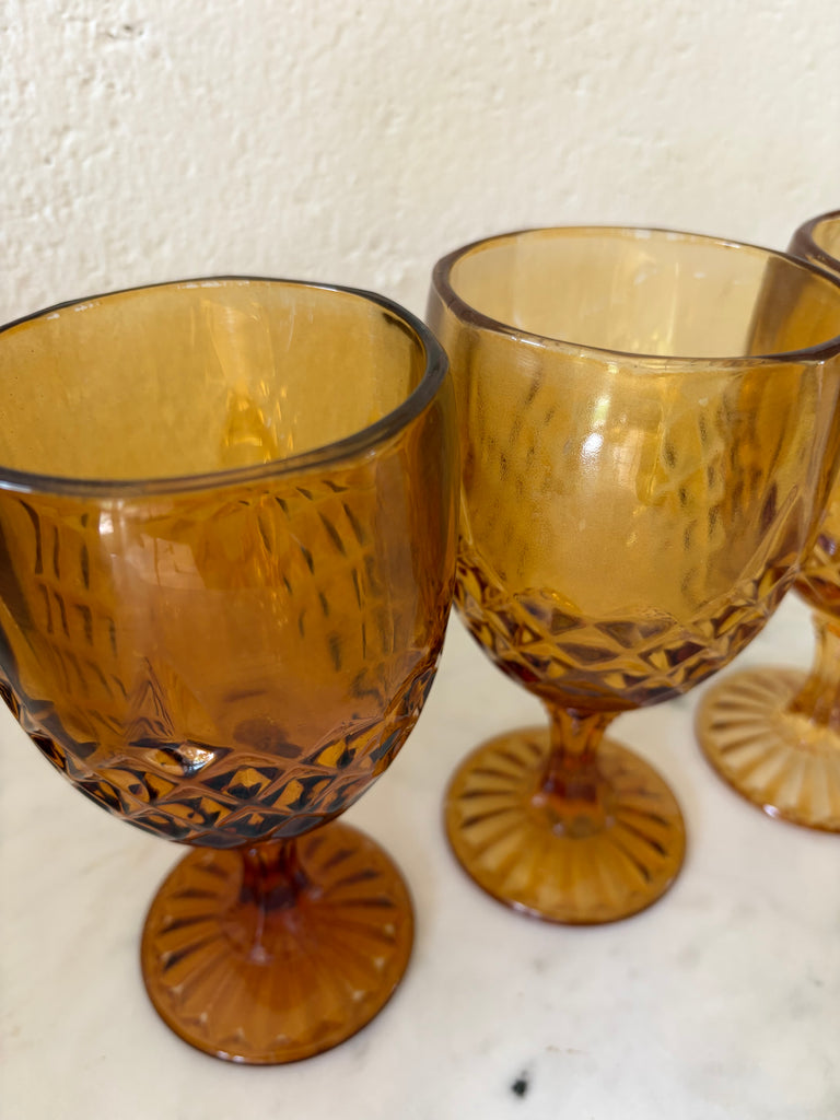 Vintage Diamond Point Goblet Glassware Set Amber