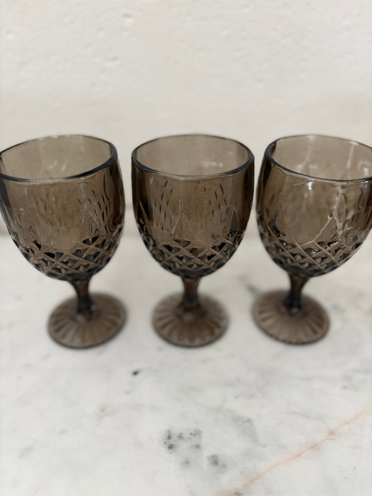 Vintage Diamond Point Goblet Glassware Set Smoke