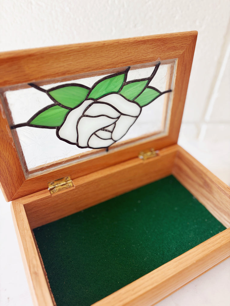Stained Glass White Rose Handcrafted Jewelry Box
