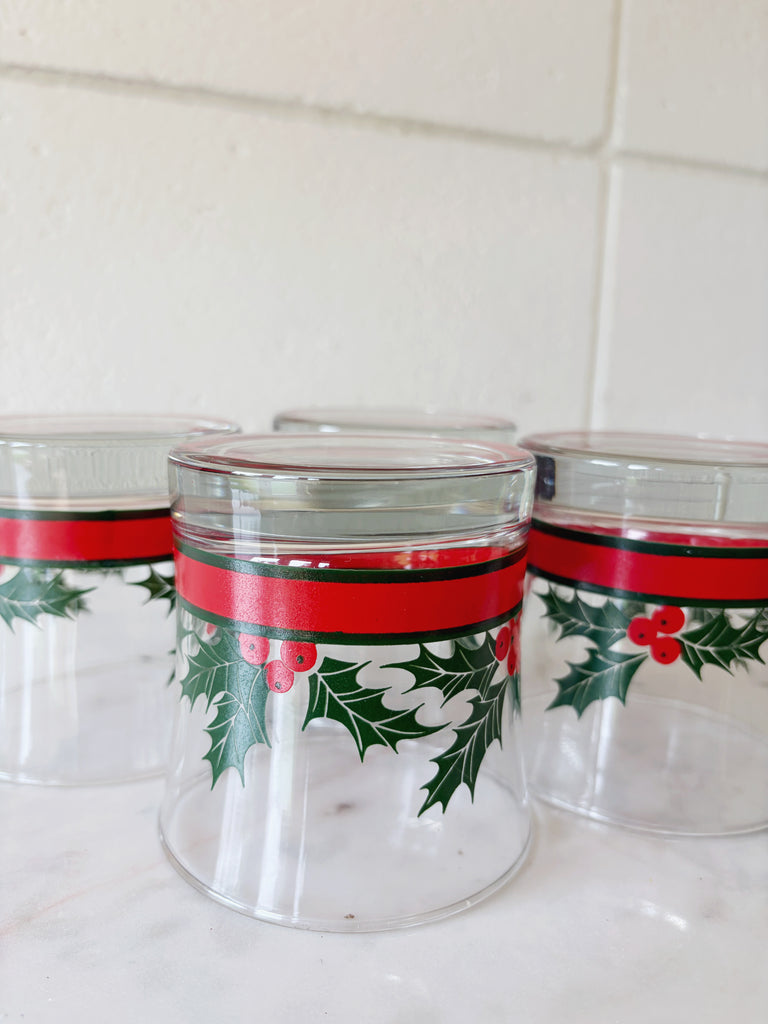 Vintage Libbey Holly and Berries Lowball Glassware Set of 4