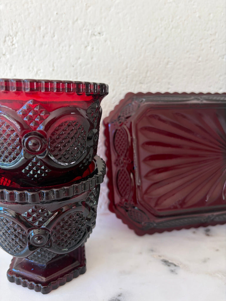 Vintage Avon Ruby Red Footed Tumblers and Tray Glassware Set