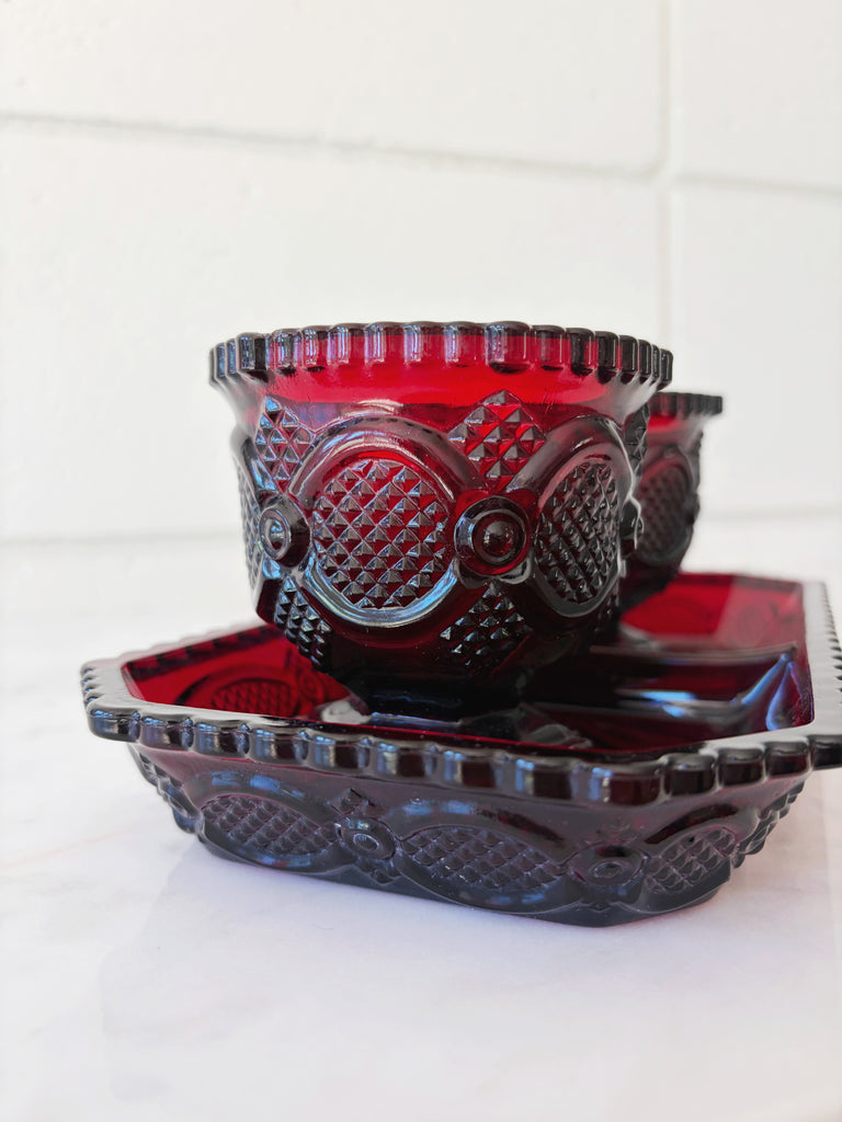 Vintage Avon Ruby Red Footed Tumblers and Tray Glassware Set