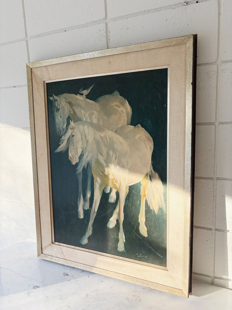 Framed Ricardo Arenys Horses Lithograph “Horses Against Blue Background” Wall Art