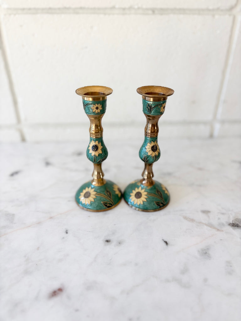 Vintage Brass Enameled Sunflower Candlestick Holders Set of 2