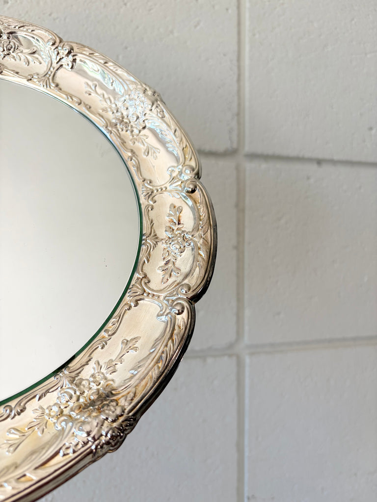 Scalloped Silver Ornate Round Mirror Tray