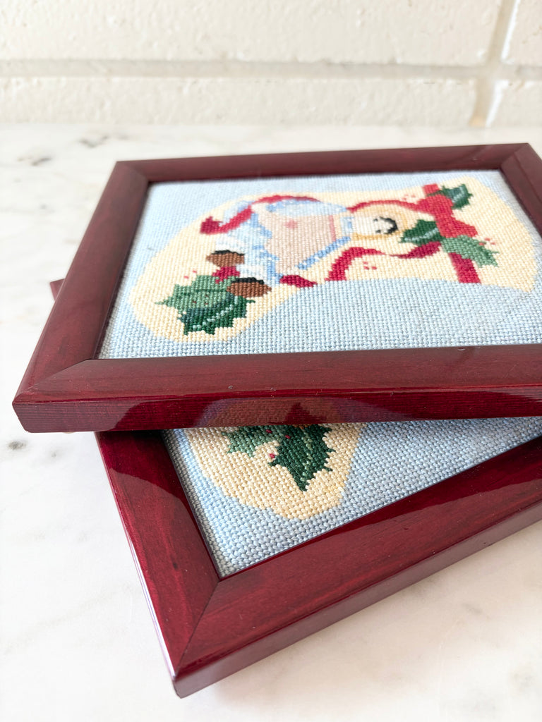 Framed Vintage Holiday Amish Doll Stocking Needlepoint Art Set