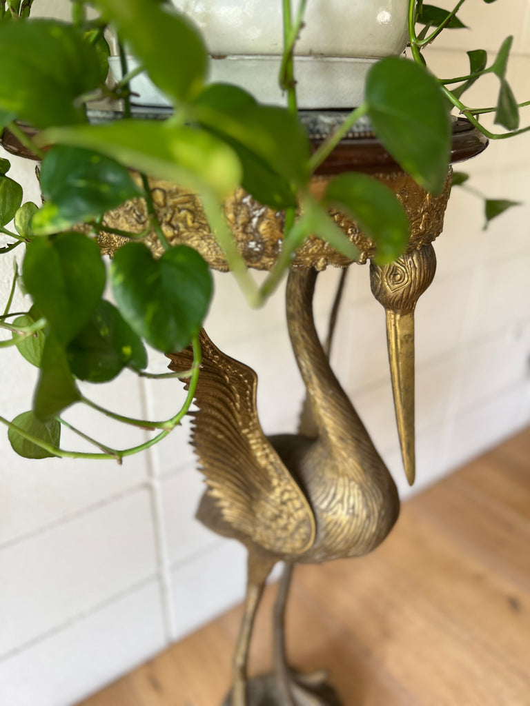 Vintage Bronze & Marble Crane Bird Pedestal Table