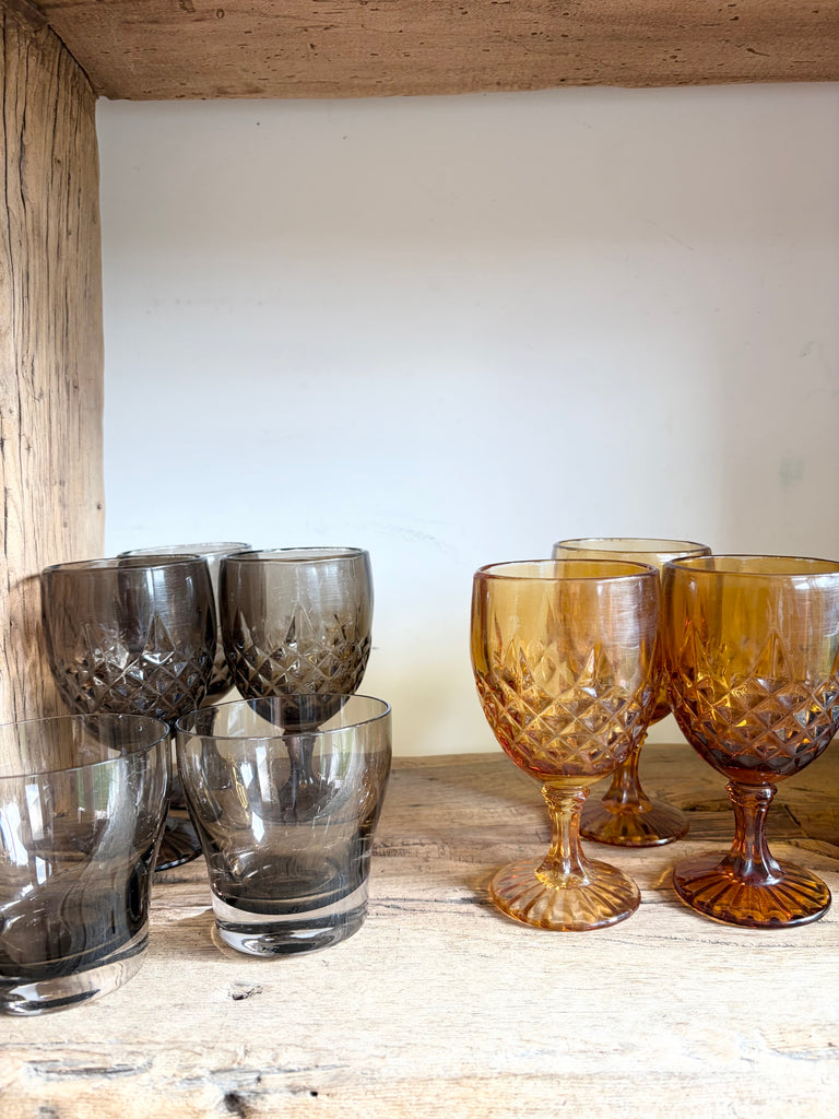 Vintage Diamond Point Goblet Glassware Set Smoke