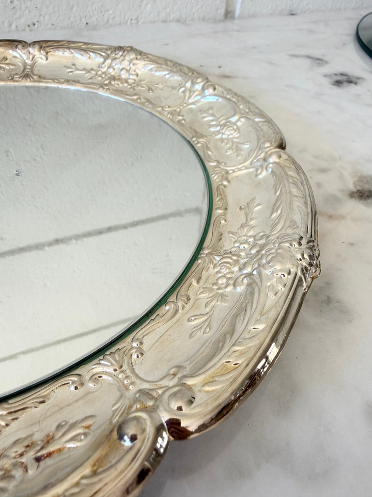 Scalloped Silver Ornate Round Mirror Tray