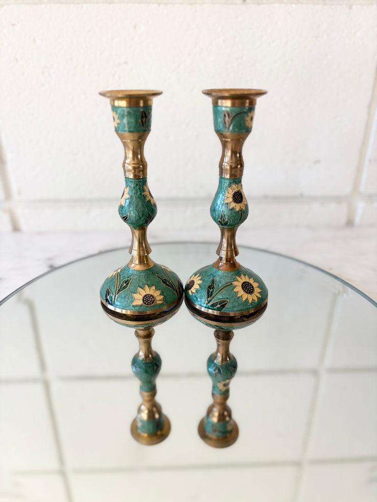 Vintage Brass Enameled Sunflower Candlestick Holders Set of 2
