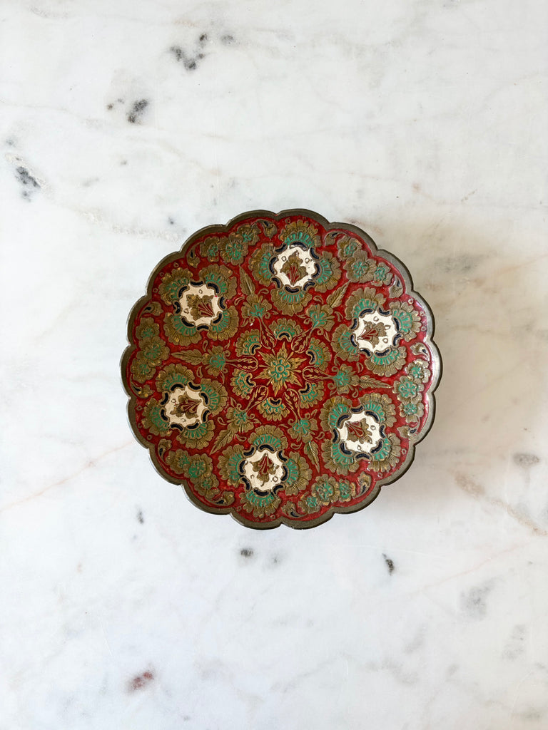 Vintage Etched Brass Pedestal Bowl with Scalloped Edge