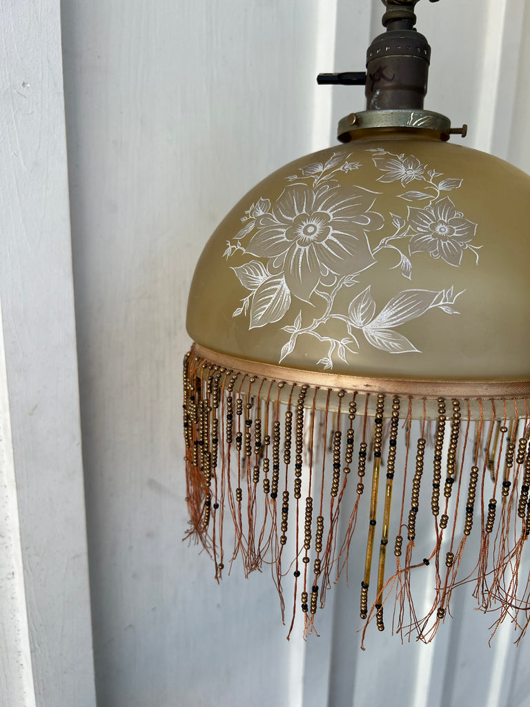 Antique Victorian Beaded Fringe Brass Floor Lamp