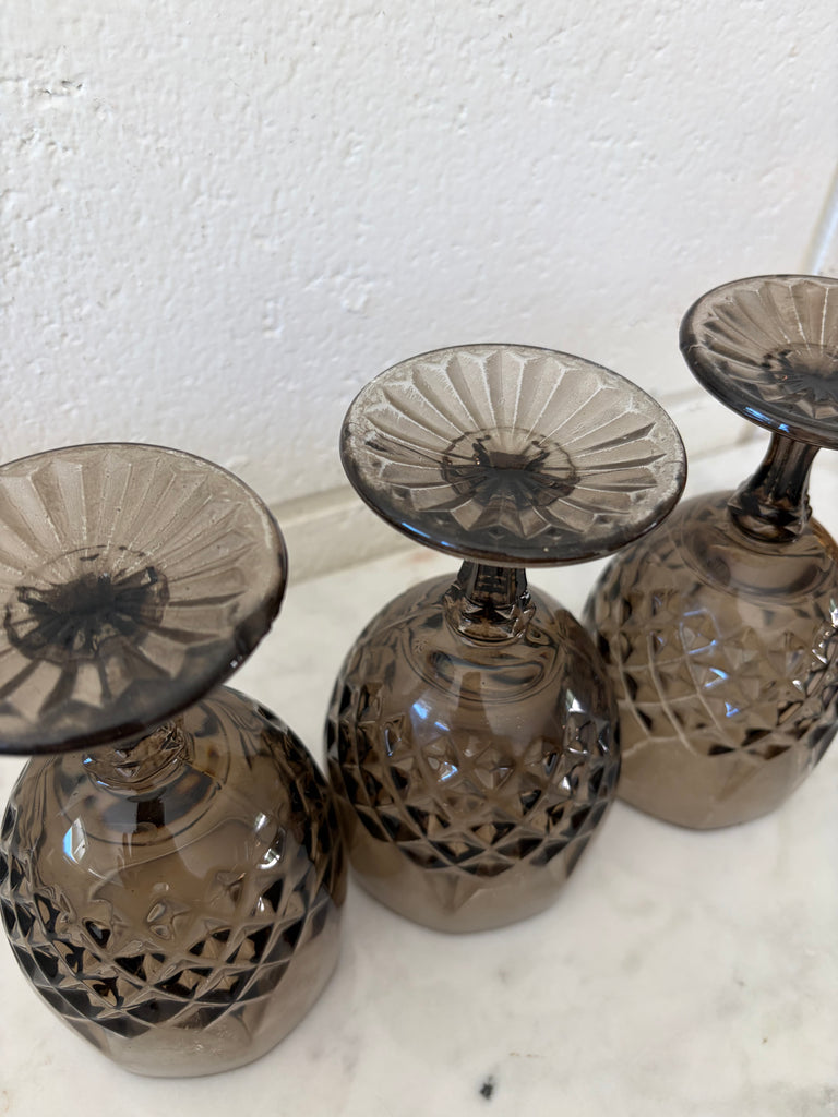 Vintage Diamond Point Goblet Glassware Set Smoke