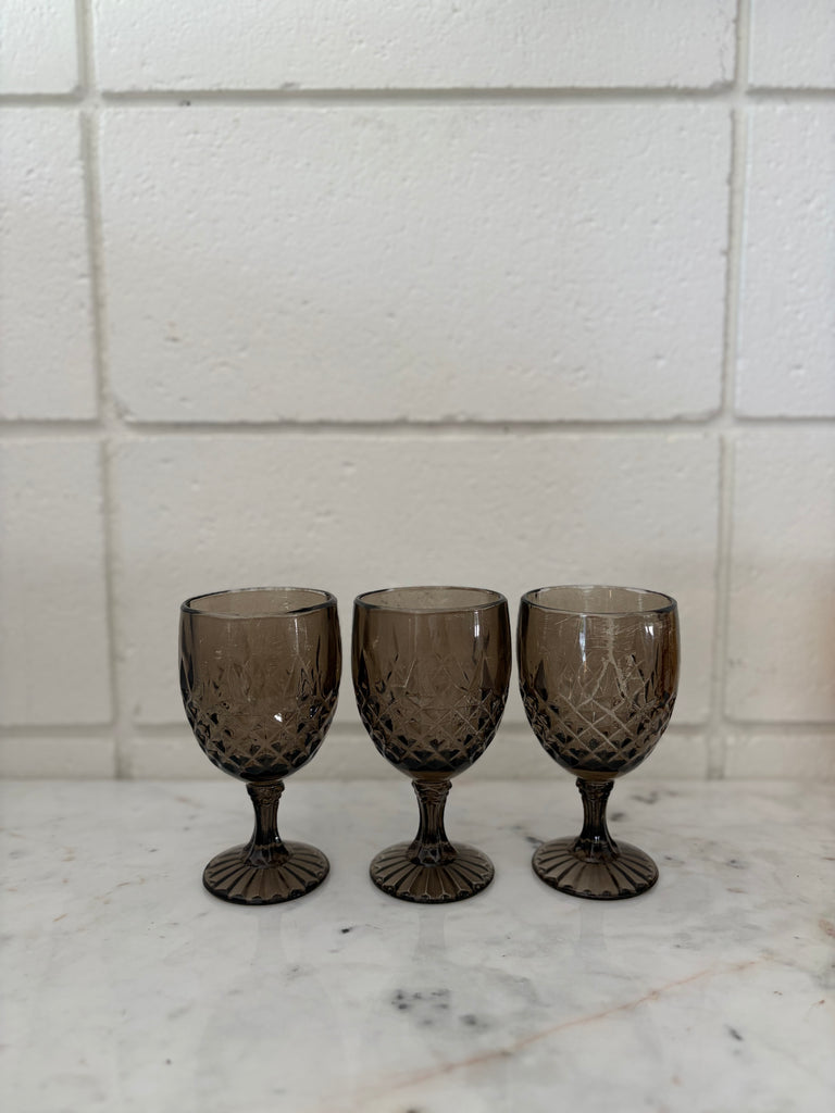 Vintage Diamond Point Goblet Glassware Set Smoke